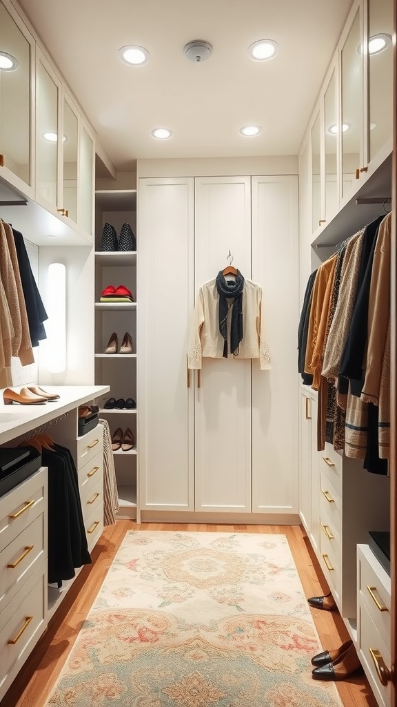 A stylish walk-in closet featuring personalized styling stations with organized clothing and accessories.