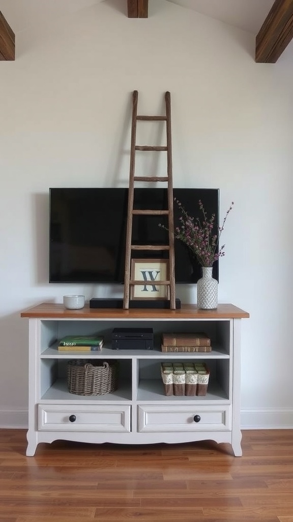 A chic farmhouse TV stand with a vintage ladder, decorative vase, and personal touches.