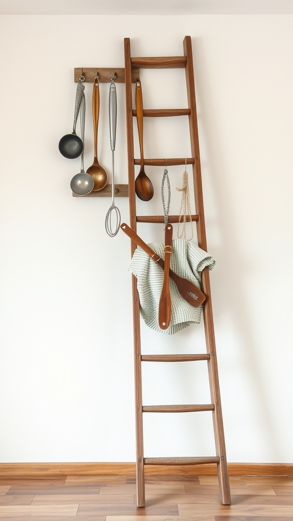 A wooden ladder used as a utensil holder with kitchen tools hanging on it.