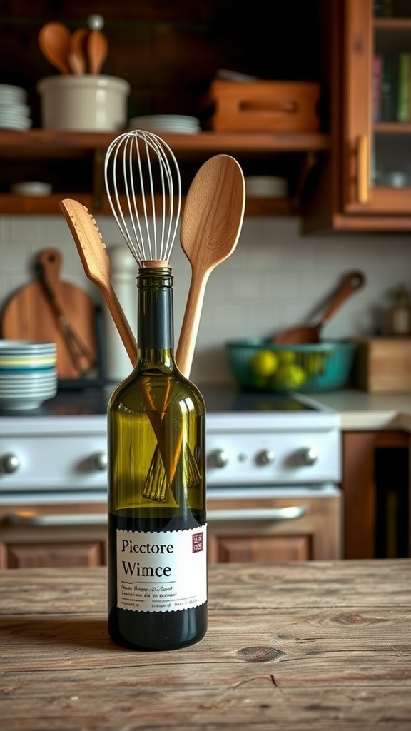 A repurposed wine bottle holding a whisk and wooden utensils on a wooden table in a cozy kitchen setting.