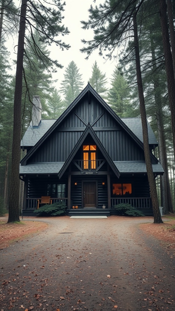 A dark A-frame house nestled in the woods with timber accents and warm lights glowing from the windows.