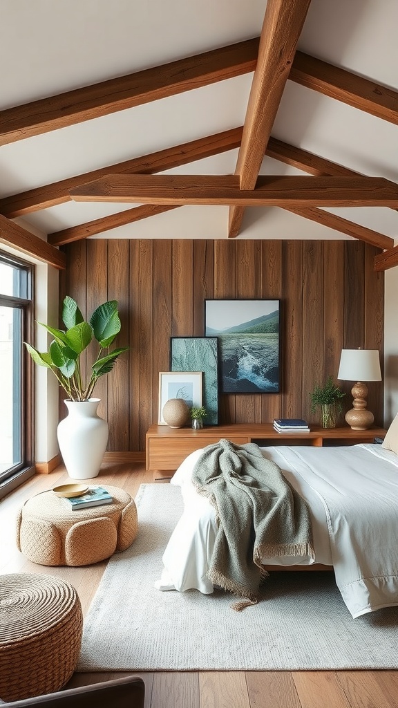 A cozy penthouse bedroom with wooden beams, natural decor, and a soothing color palette.