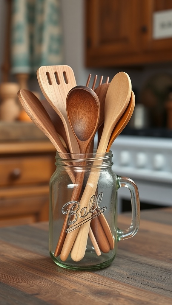 A rustic mason jar holding various wooden kitchen utensils on a wooden countertop.