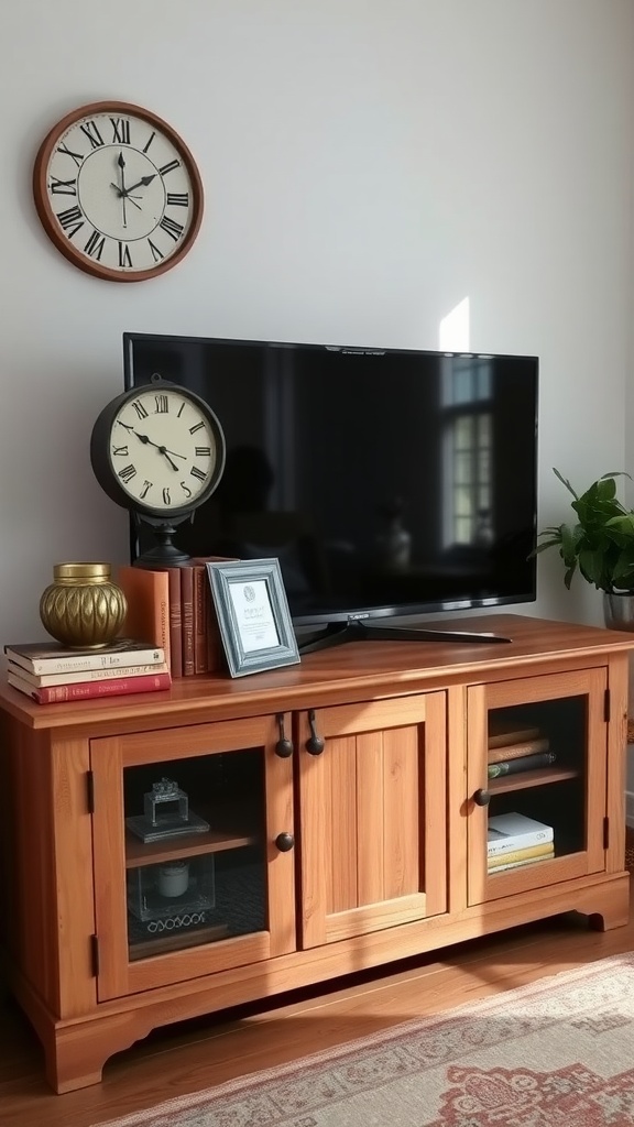 A rustic wooden TV stand with a clock, books, and a plant.
