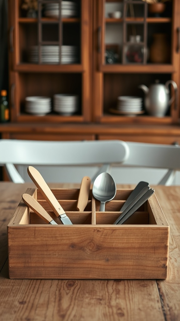 A rustic wooden utensil holder with dividers on a table, featuring various kitchen tools