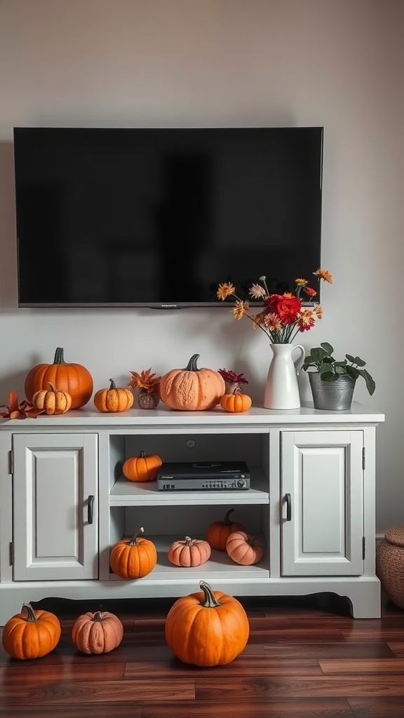 Cozy farmhouse TV stand decorated for fall with pumpkins and flowers