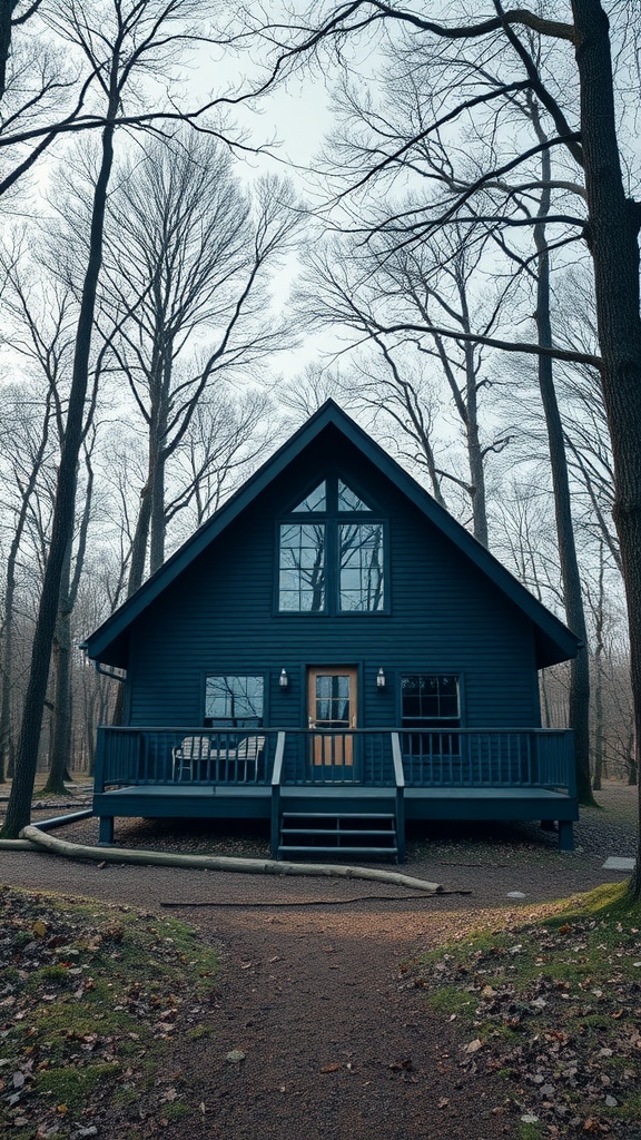 A secluded A-frame house surrounded by trees, featuring a dark exterior and large windows.