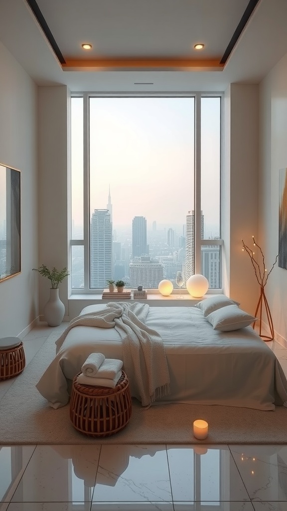 A serene bedroom with large windows overlooking a city skyline, featuring soft bedding, potted plants, and cozy seating.