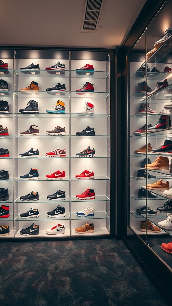A stylish shoe wall featuring display cases filled with various pairs of sneakers.