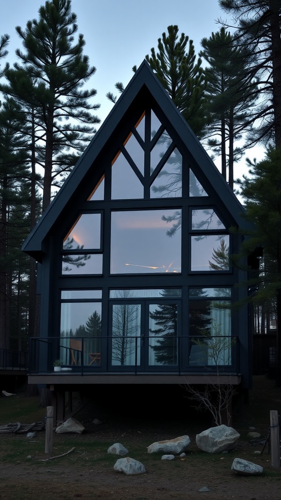 A sleek minimalist A-frame house with large glass facades, surrounded by tall trees and a stone pathway.