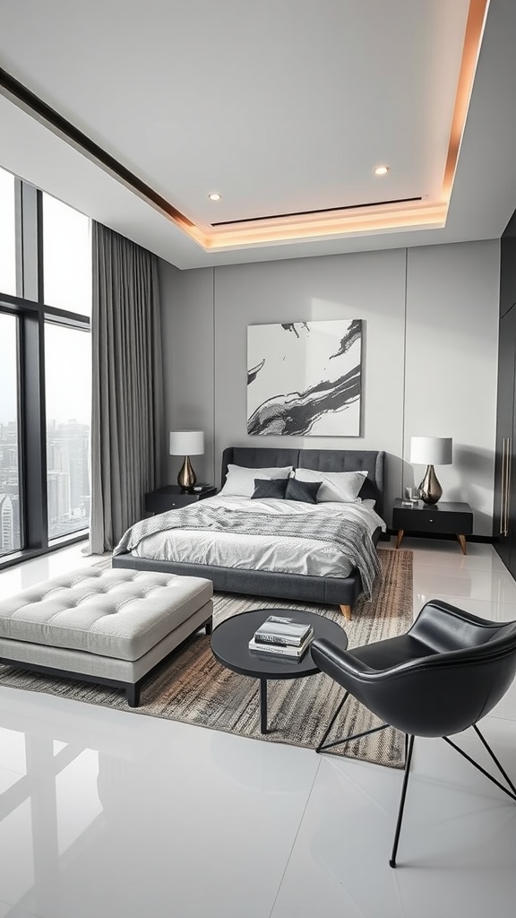 A modern penthouse bedroom featuring sleek monochrome aesthetics with gray and black tones.