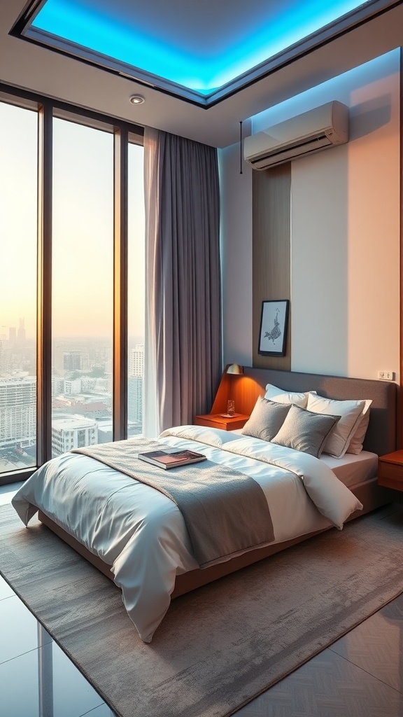 A modern luxury penthouse bedroom with large windows, soft bedding, and smart lighting