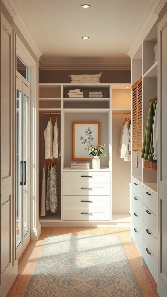 A well-organized walk-in closet featuring soft color palettes with light gray walls and white cabinetry.