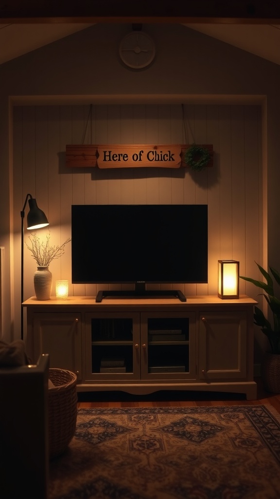 Cozy farmhouse living room with soft lighting around a TV stand.