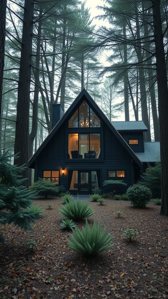 A sophisticated dark A-frame house surrounded by tall trees in a serene forest setting.