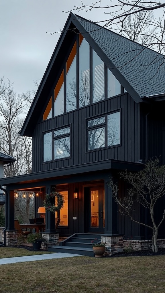 A black A-frame house featuring large windows, orange accents, and a cozy porch.