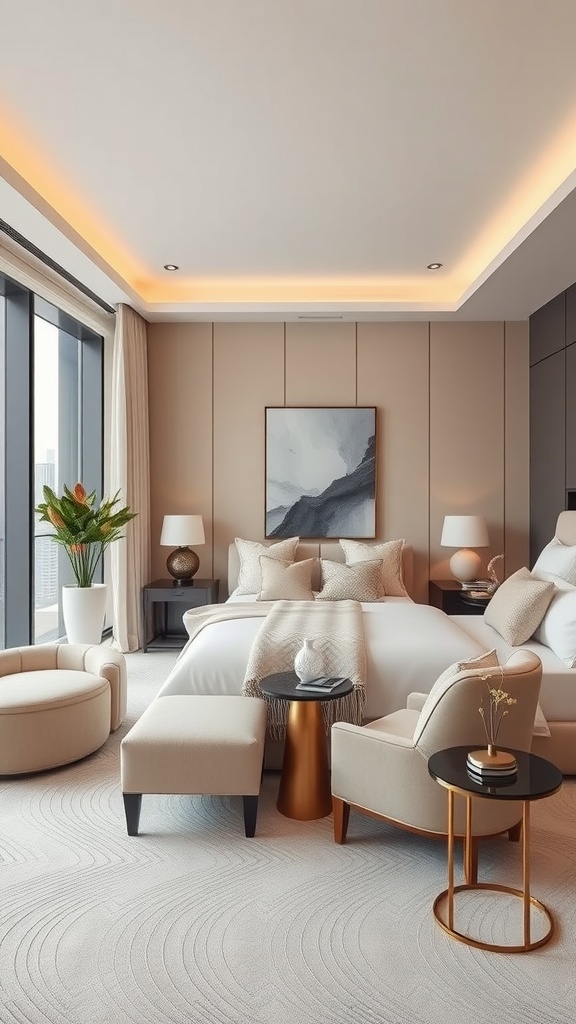 Luxurious penthouse bedroom with neutral tones, featuring plush bedding, modern furniture, and large windows