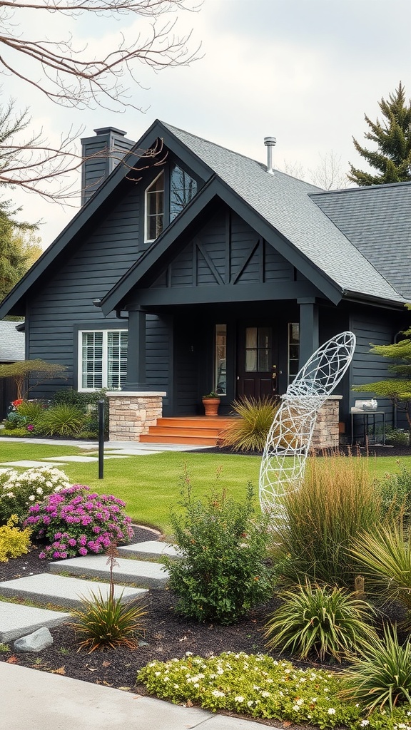 Stylish A-frame house with modern landscaping featuring colorful flowers and a unique sculpture.