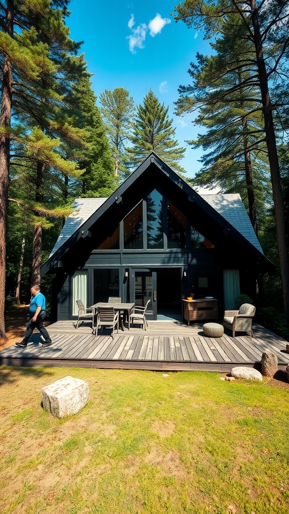 A dark A-frame house surrounded by tall trees, featuring a spacious outdoor deck with seating.