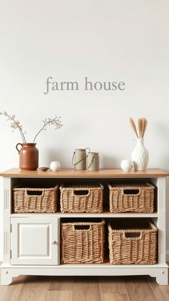 Farmhouse TV stand featuring stylish woven baskets for storage.