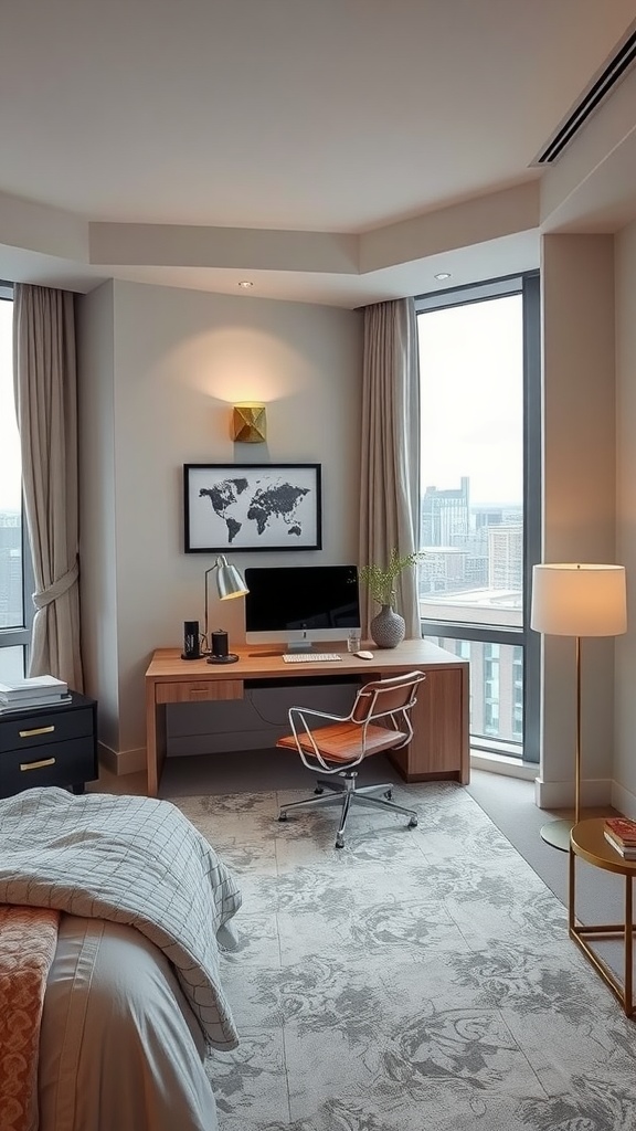 A stylish bedroom workspace featuring a wooden desk, computer, and a view of the city through large windows.