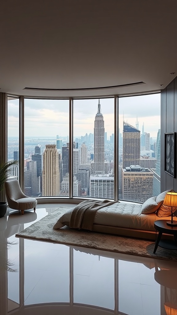 A modern penthouse bedroom featuring large windows with a view of the city skyline, including the Empire State Building.