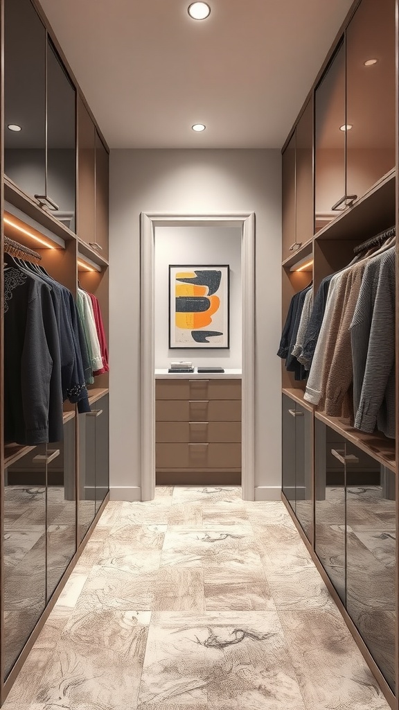 Stylish walk-in closet with vibrant accent walls and organized clothing.