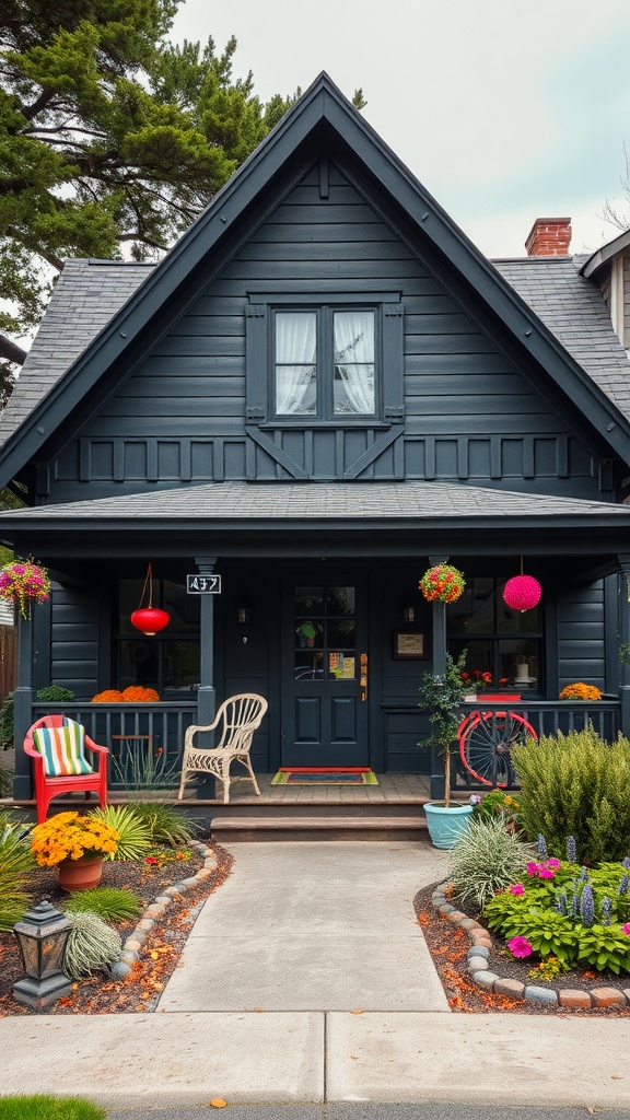 Charming vintage A-frame house with dark exterior, colorful seating, and vibrant garden