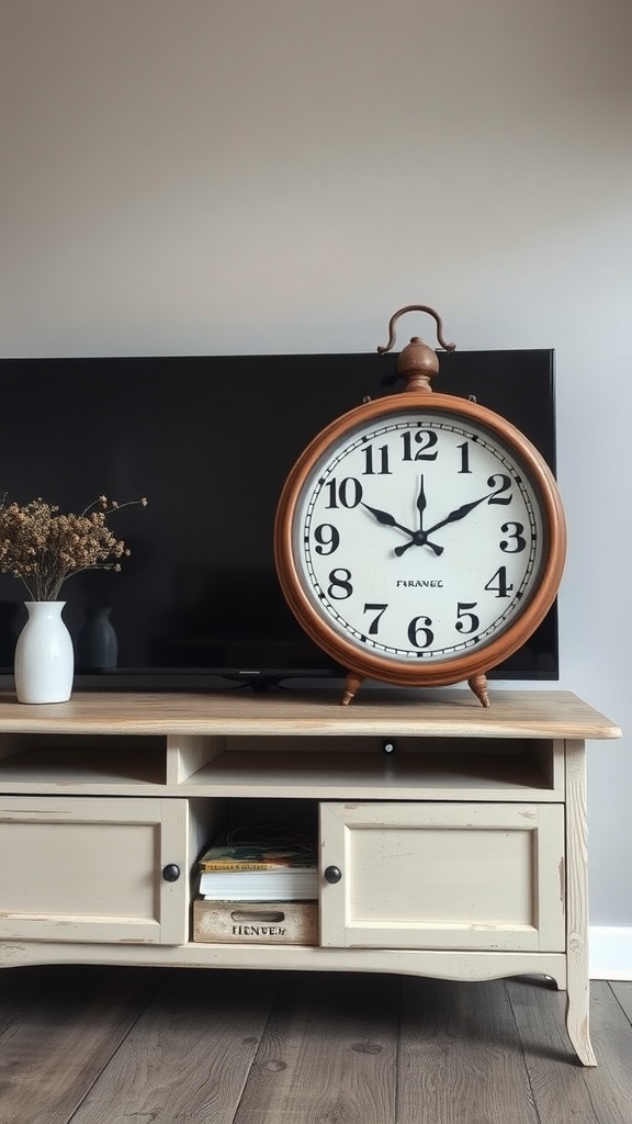 A vintage clock displayed on a TV stand with a vase of dried flowers.