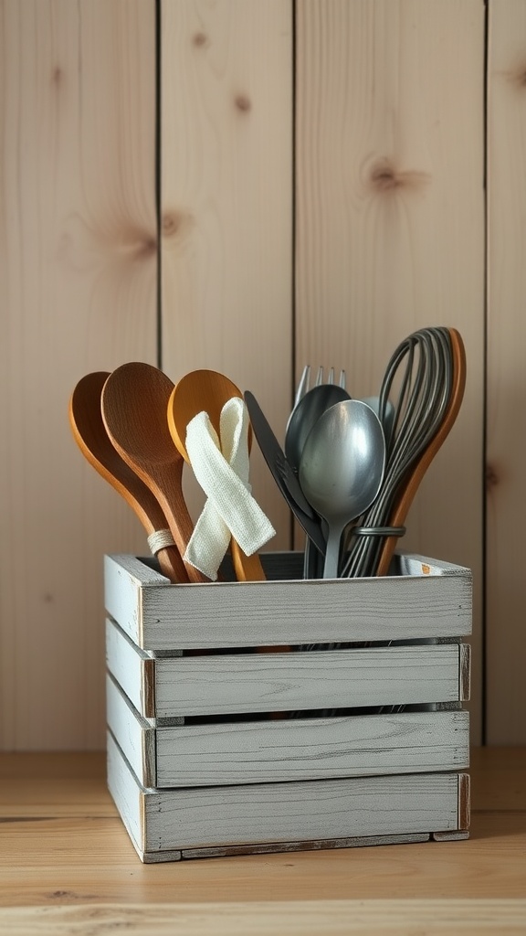 A vintage wooden crate filled with various kitchen utensils