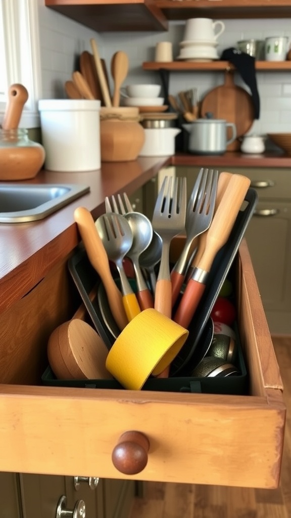A vintage kitchen drawer filled with assorted utensils including wooden spoons, metal spatulas, and colorful gadgets.