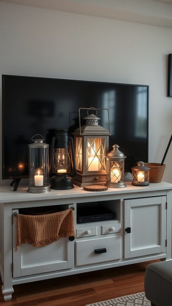 A cozy TV stand decorated with vintage lanterns, creating a warm atmosphere