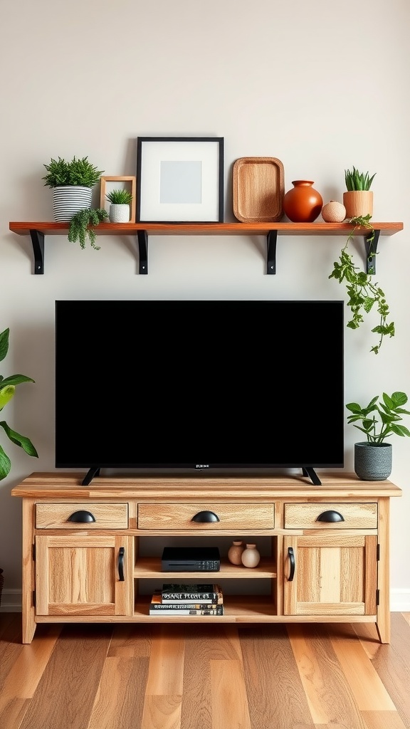 A cozy living room setup featuring a wall-mounted shelf above a wooden TV stand, decorated with plants and pottery.
