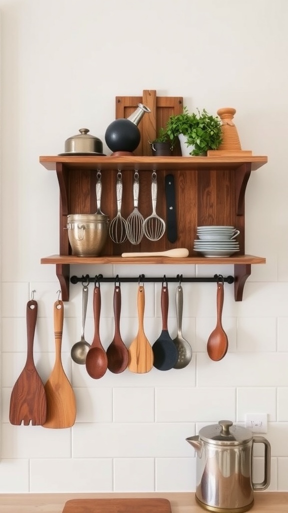 A wall-mounted tool shelf displaying various utensils and pots in a farmhouse kitchen.