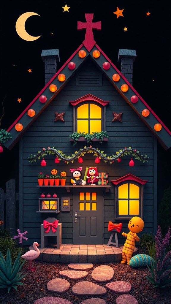 Whimsical A-frame house with colorful decorations and a playful garden