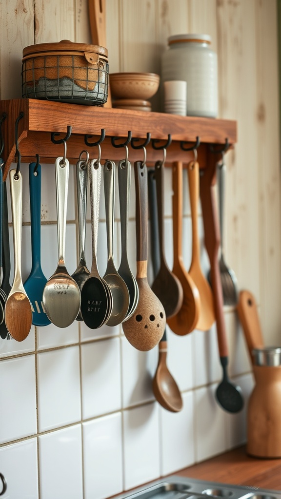 Wooden spoon rack with various cooking utensils hanging on hooks