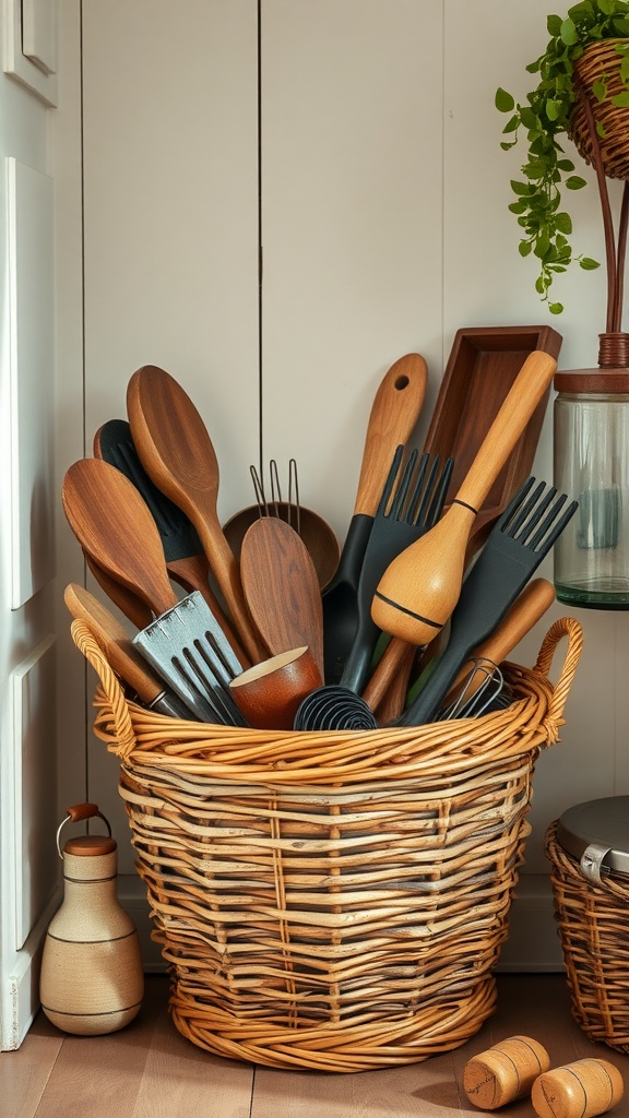 A woven basket filled with assorted kitchen utensils including wooden spoons and silicone tools.