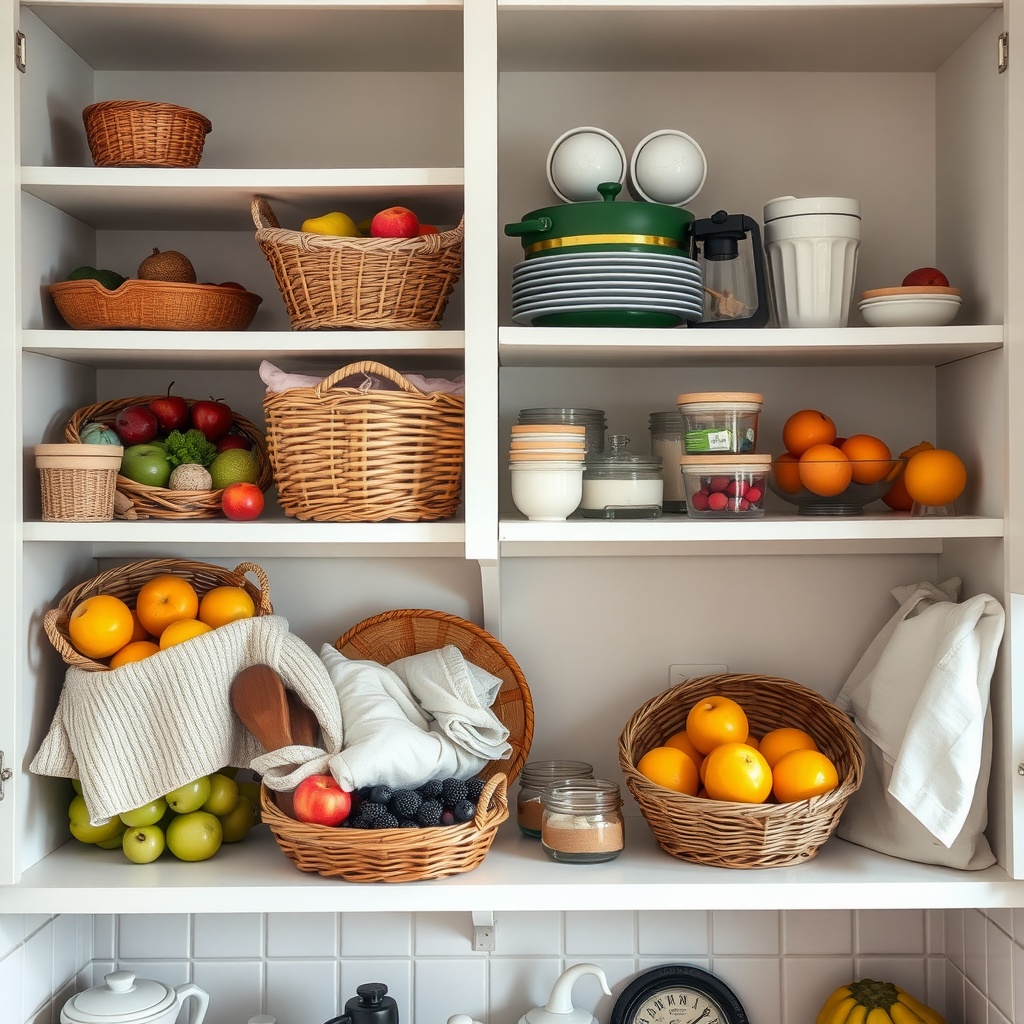 A neatly organized kitchen shelf with various baskets holding fruits and kitchen items.