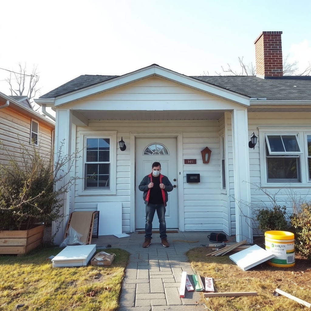 A person standing in front of a house with renovation supplies, looking prepared for work.