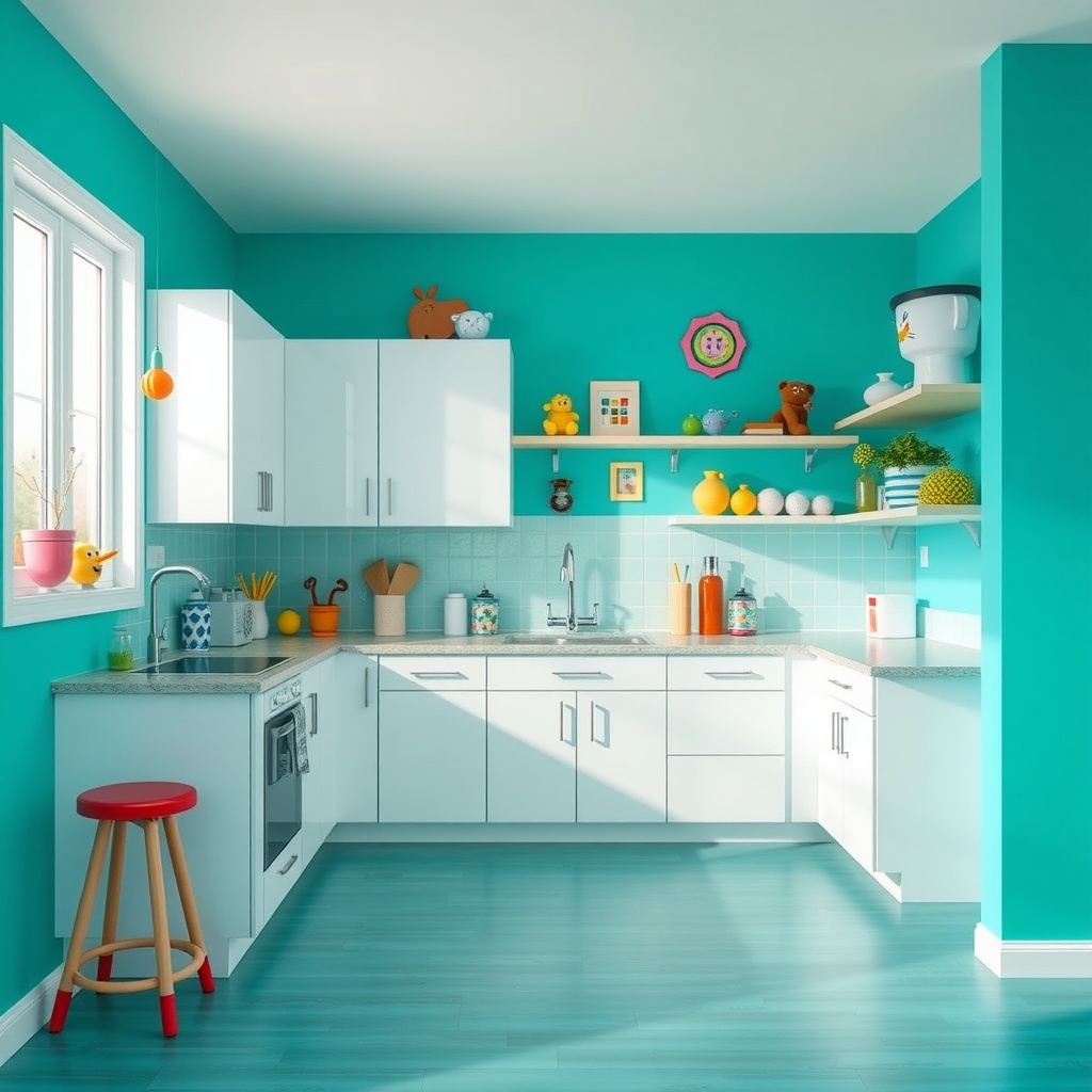 A bright aqua kitchen with white cabinets and colorful decorations.