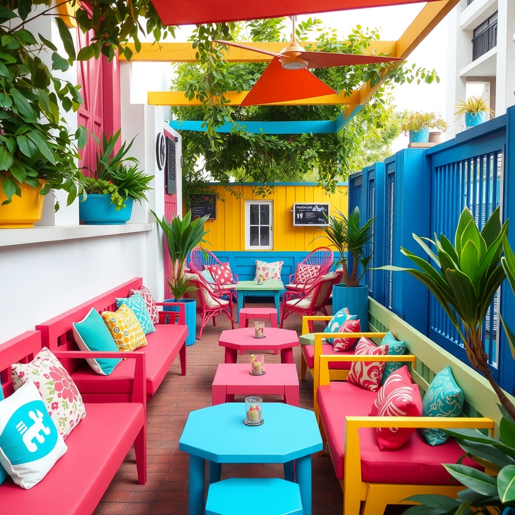 Brightly colored outdoor furniture in a lively setting