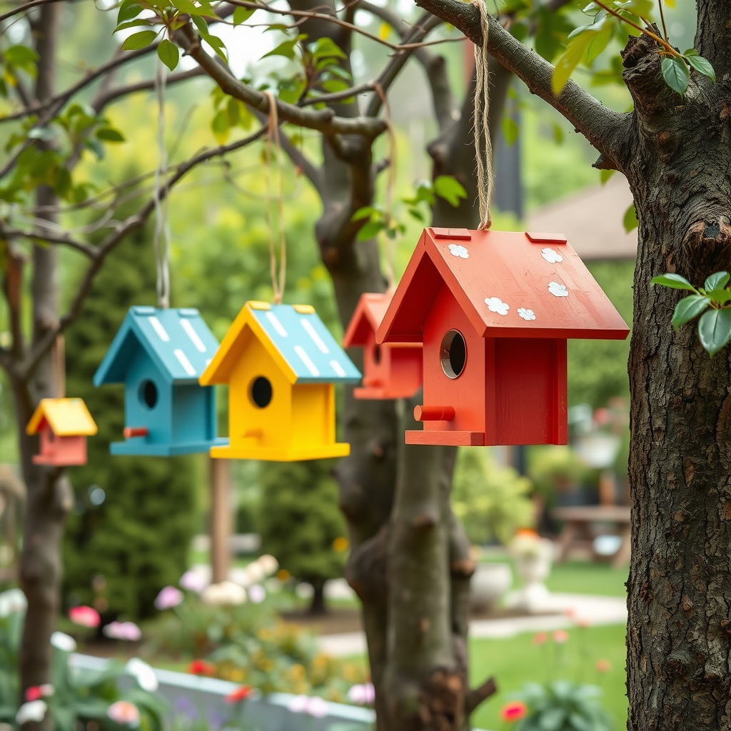 Colorful birdhouses hanging from a tree in a garden setting.