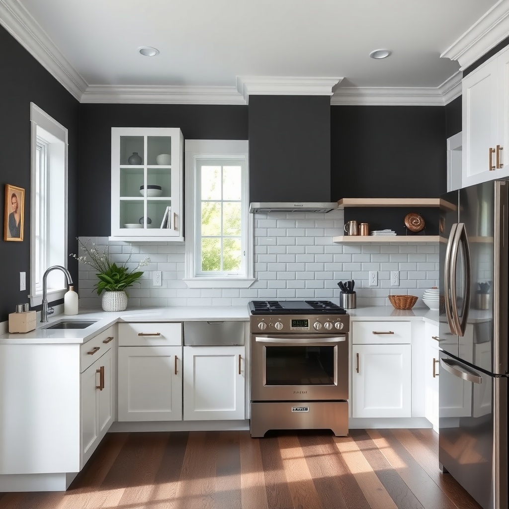 A chic kitchen featuring charcoal gray walls and white cabinets.