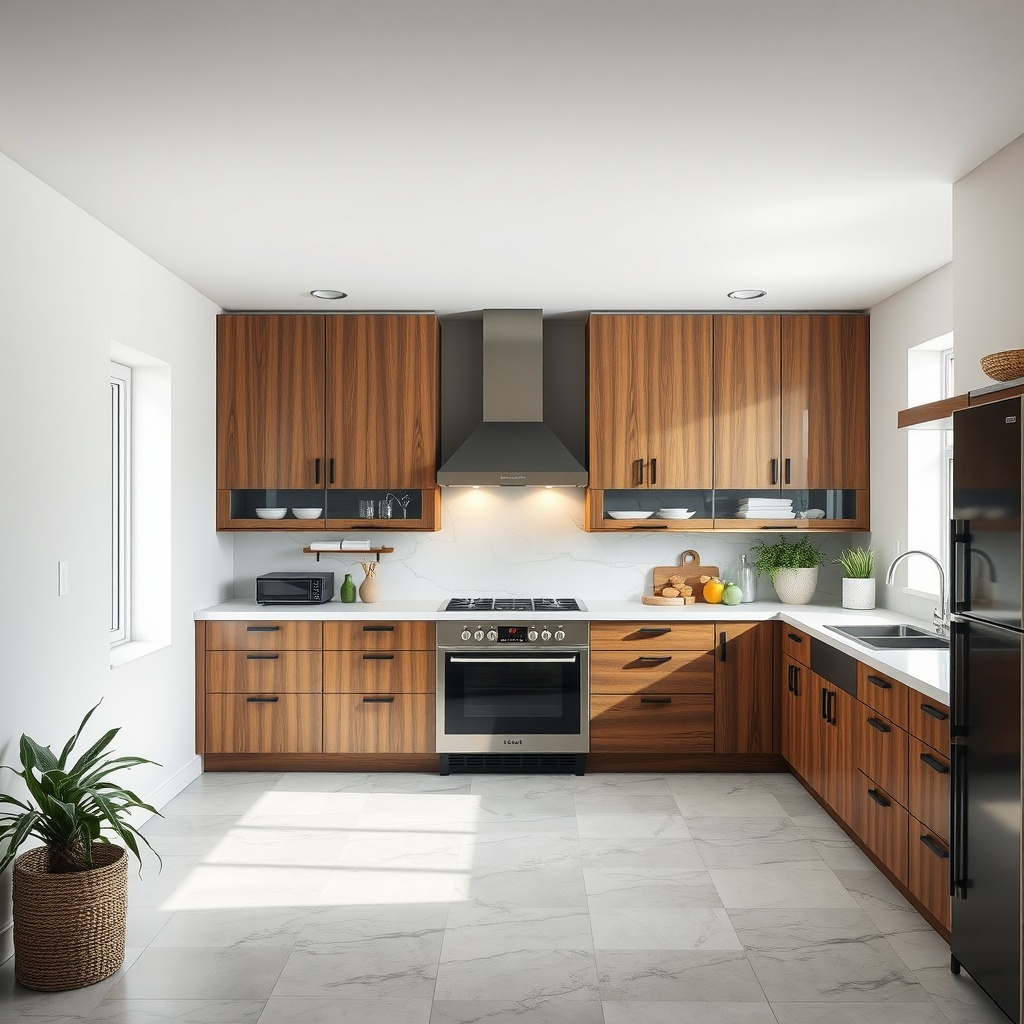 A modern kitchen featuring wooden cabinets and stainless steel appliances.