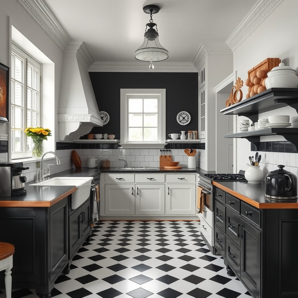 A stylish black and white kitchen with checkered floors and wooden accents.