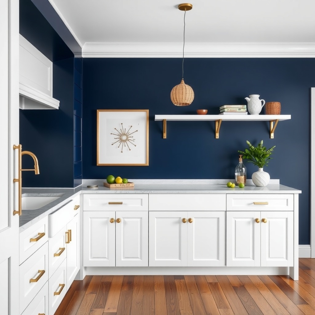 Kitchen with classic navy blue walls and white cabinetry.