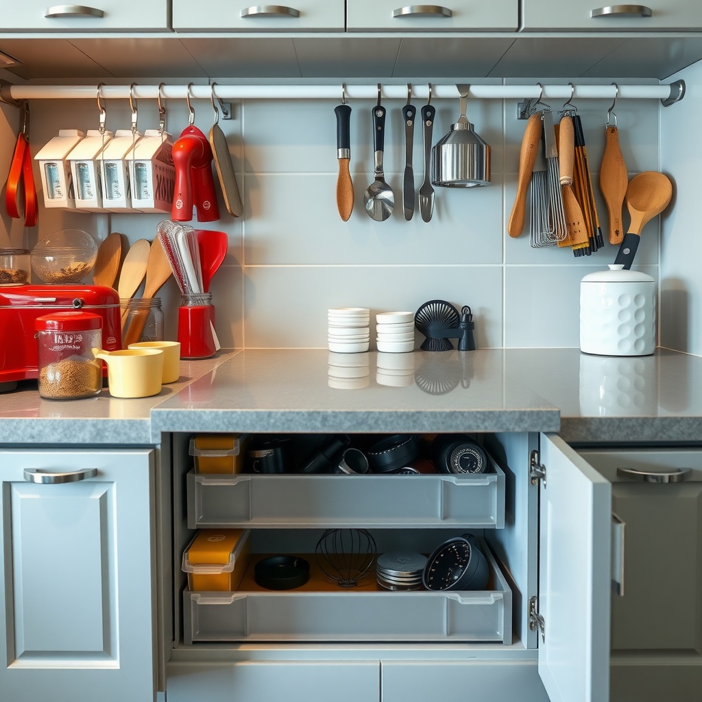Organized kitchen showing under-counter storage with drawers and hanging utensils.