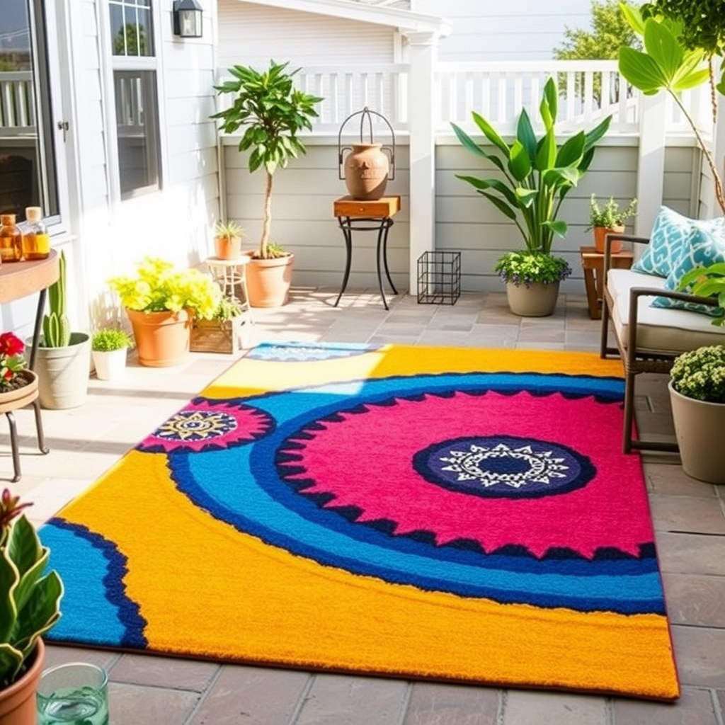 A colorful outdoor rug with floral patterns on a patio surrounded by plants.