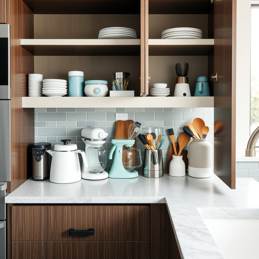 A modern kitchen setup showcasing appliances like a microwave, coffee maker, and storage solutions.