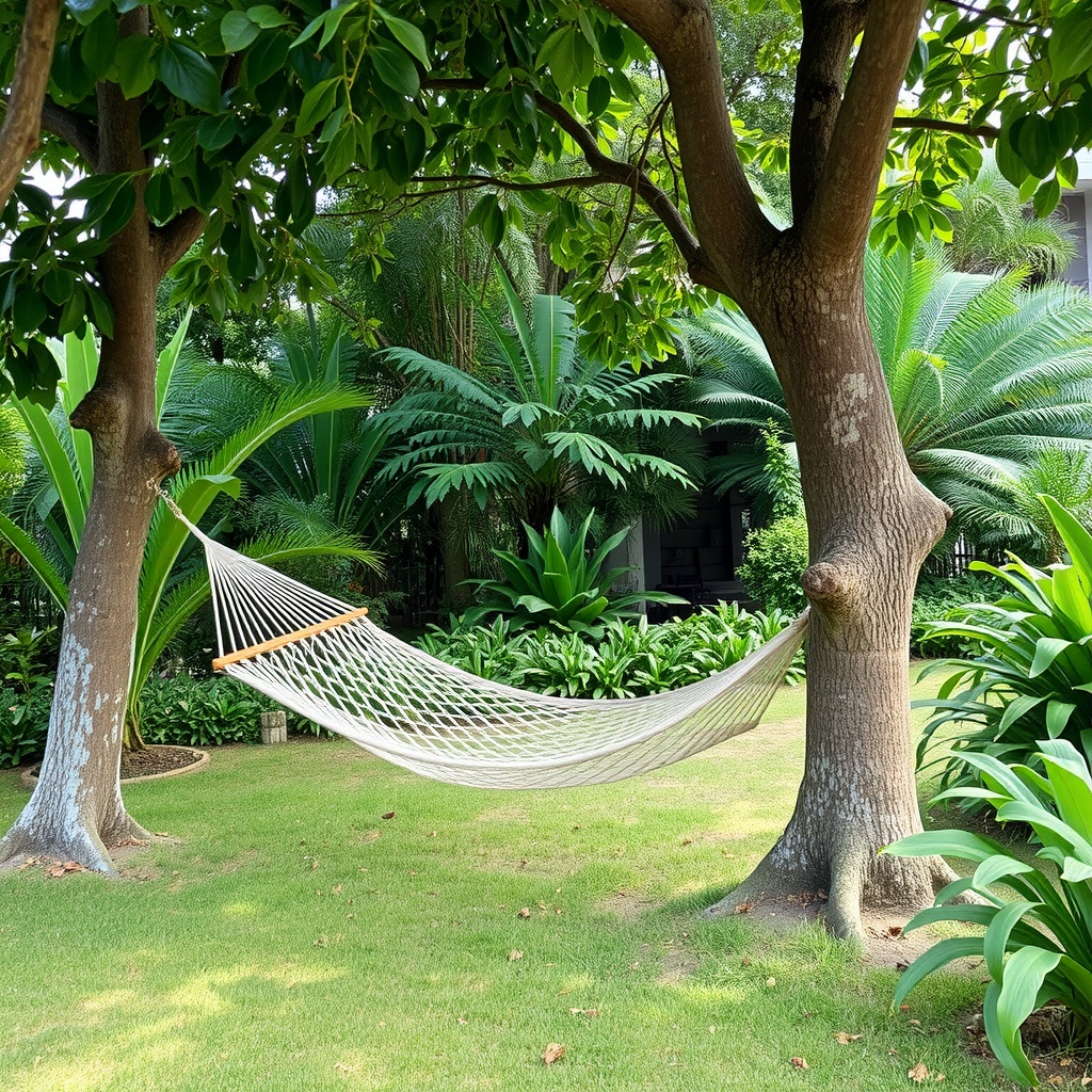 A cozy hammock hangs between two trees in a lush green garden.